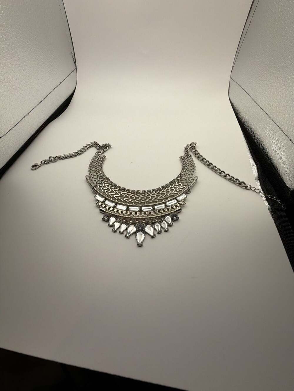 Silver Tone Geometric Bib Statement Necklace with Clear Rhinestone Accents